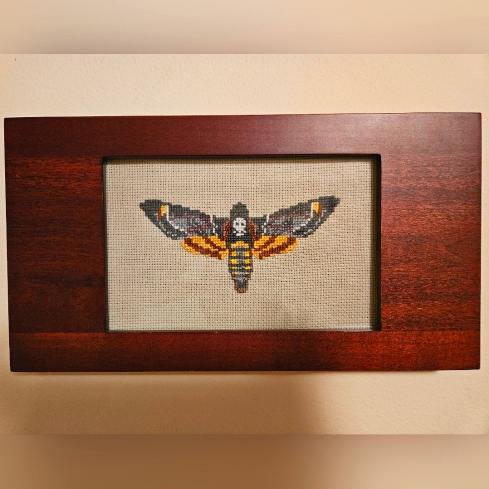 HANDMADE Cross Stitch Death's Head Moth Faux Taxidermy Spooky Insect